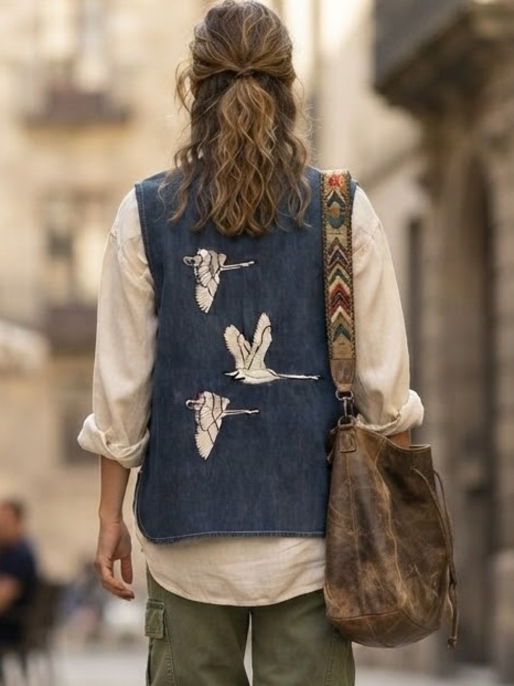 Vintage Denim Embroidered Goose Long Vest